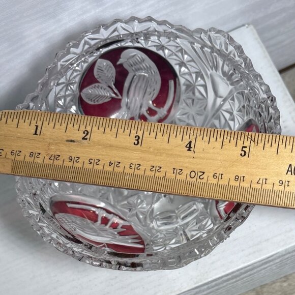 Hofbauer Byrdes Crystal Candy Dish With Lid Red Etched Bird Design 7" Tall - Picture 12 of 13